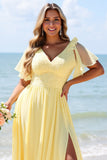 Yellow A Line V-Neck Chiffon Long Boho Bridesmaid Dress with Slit