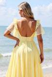 Yellow A Line V-Neck Chiffon Long Boho Bridesmaid Dress with Slit