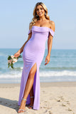 Lilac Off the Shoulder Sheath Long Boho Bridesmaid Dress with Slit