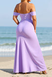 Lilac Off the Shoulder Sheath Long Boho Bridesmaid Dress with Slit