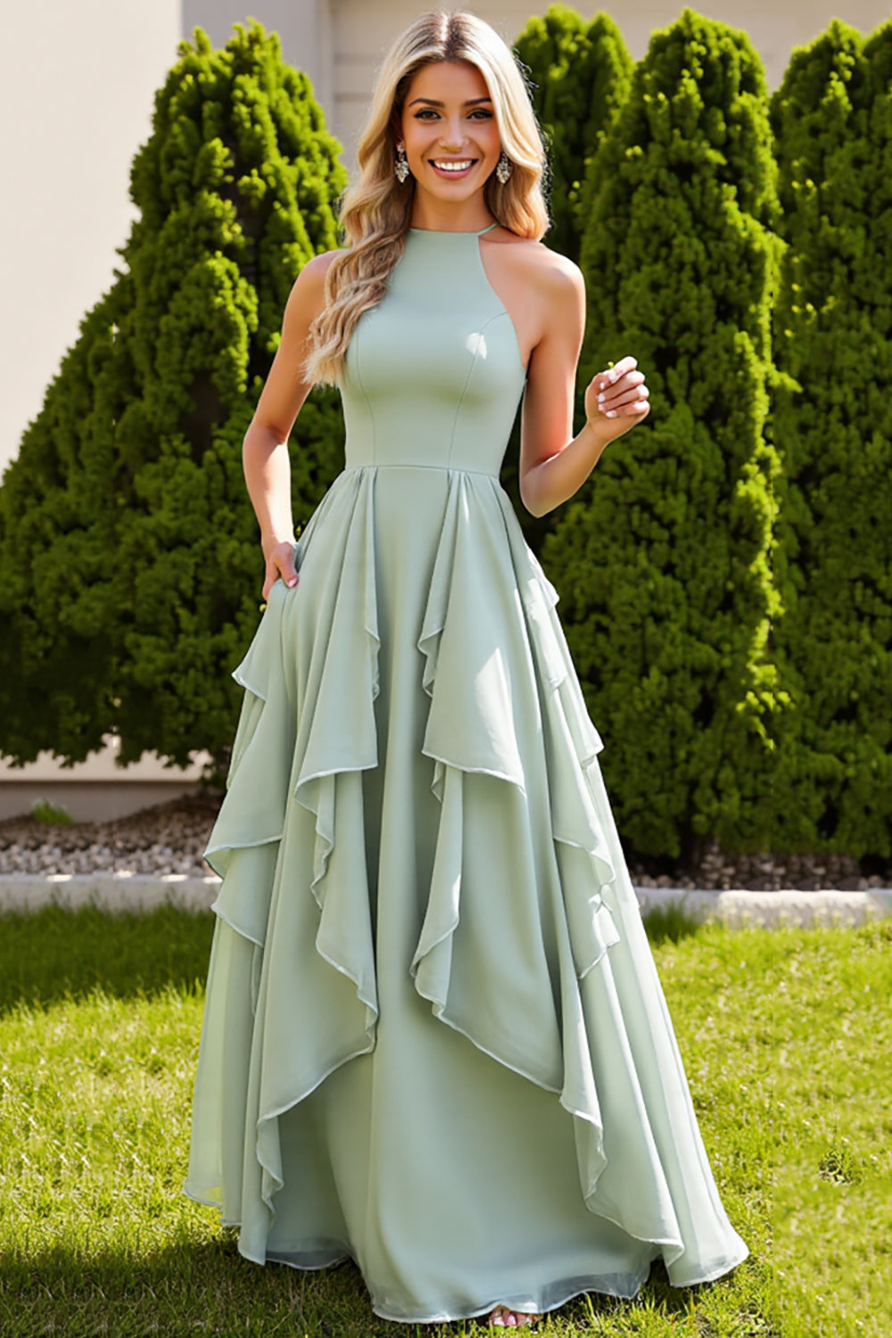 Sage Green Chiffon A Line Long Bridesmaid Dress with Ruffles