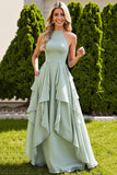 Sage Green Chiffon A Line Long Bridesmaid Dress with Ruffles