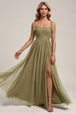 Olive Spaghetti Straps A Line Tulle Long Bridesmaid Dress with Slit