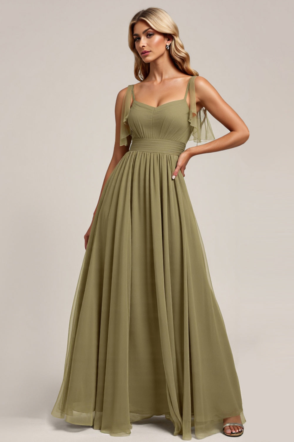 Olive Spaghetti Straps A Line Tulle Long Bridesmaid Dress with Slit