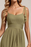 Olive Spaghetti Straps A Line Tulle Long Bridesmaid Dress with Slit