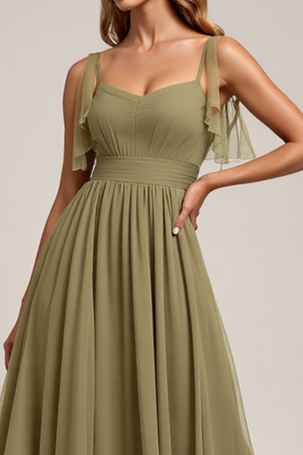 Olive Spaghetti Straps A Line Tulle Long Bridesmaid Dress with Slit