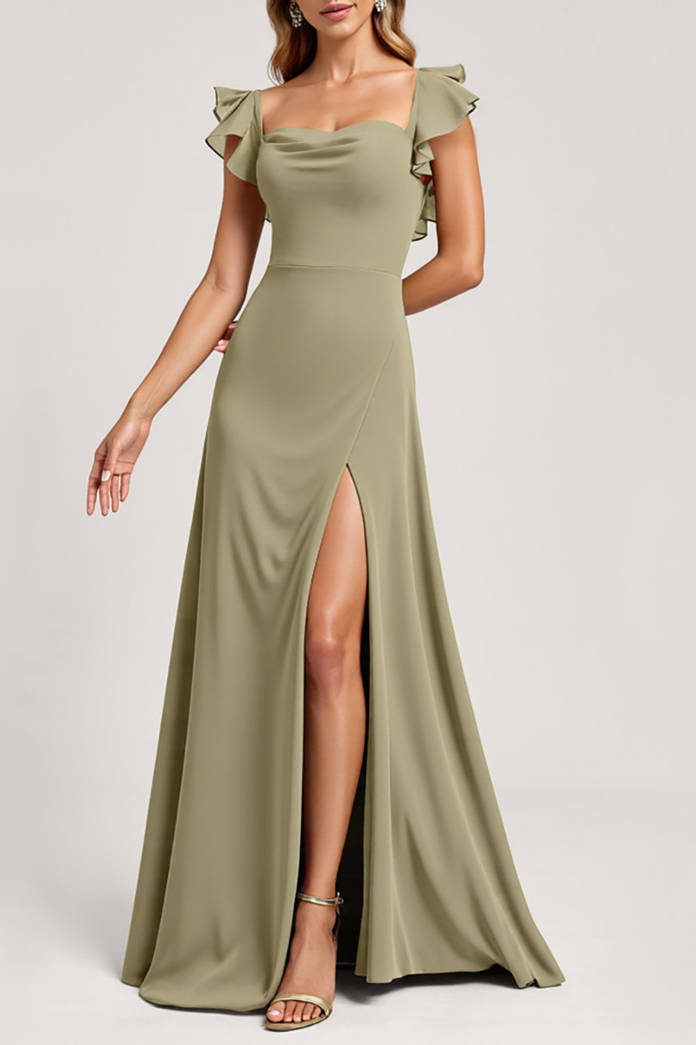 Olive Ruffled A Line Cap Sleeves Long Bridesmaid Dress with Slit