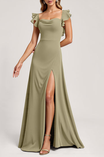Olive Ruffled A Line Cap Sleeves Long Bridesmaid Dress with Slit