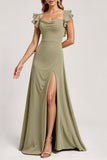 Olive Ruffled A Line Cap Sleeves Long Bridesmaid Dress with Slit