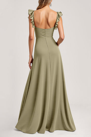 Olive Ruffled A Line Cap Sleeves Long Bridesmaid Dress with Slit