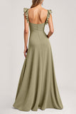 Olive Ruffled A Line Cap Sleeves Long Bridesmaid Dress with Slit