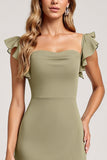 Olive Ruffled A Line Cap Sleeves Long Bridesmaid Dress with Slit
