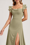 Olive Ruffled A Line Cap Sleeves Long Bridesmaid Dress with Slit