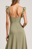 Olive Ruffled A Line Cap Sleeves Long Bridesmaid Dress with Slit