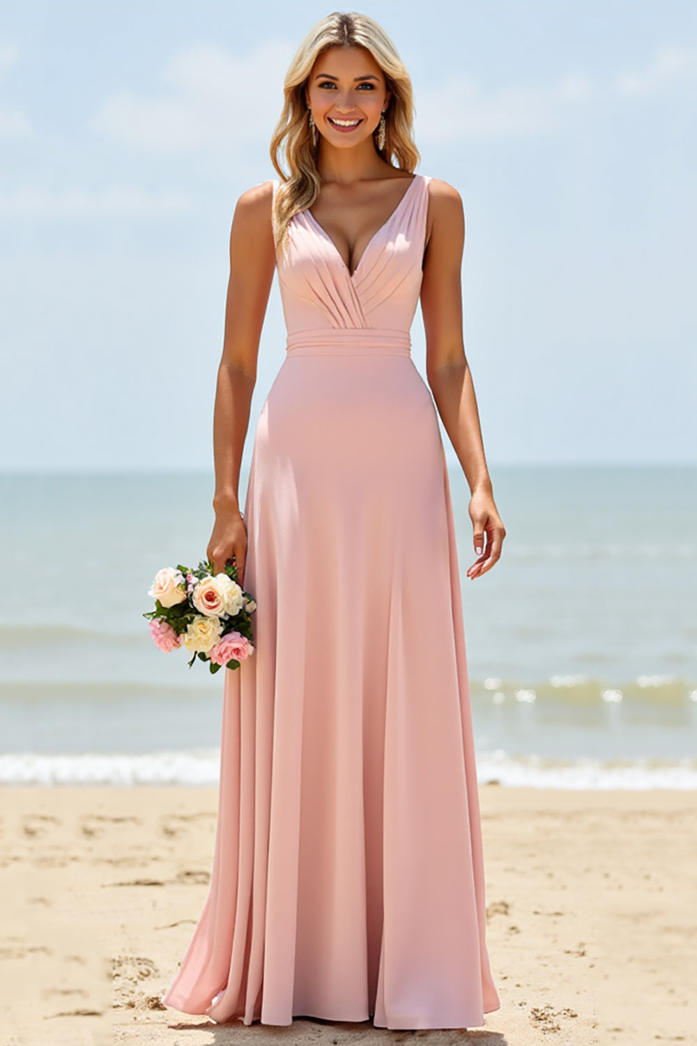 Blush V-Neck A Line Long Boho Bridesmaid Dress