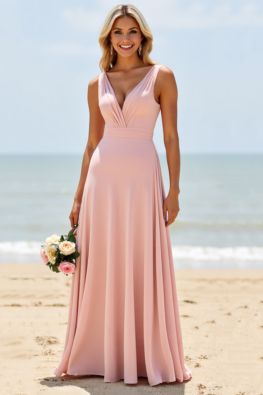 Blush V-Neck A Line Long Boho Bridesmaid Dress