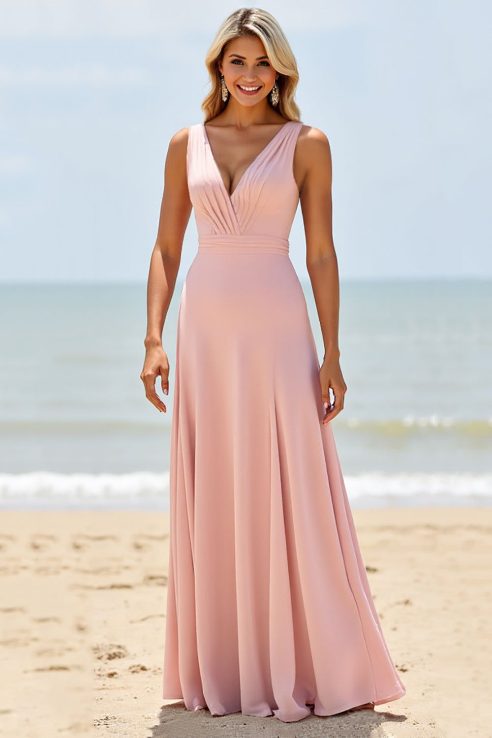 Blush V-Neck A Line Long Boho Bridesmaid Dress