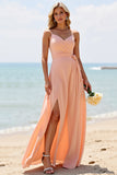 Sunset Chiffon A Line Long Boho Bridesmaid Dress with Slit