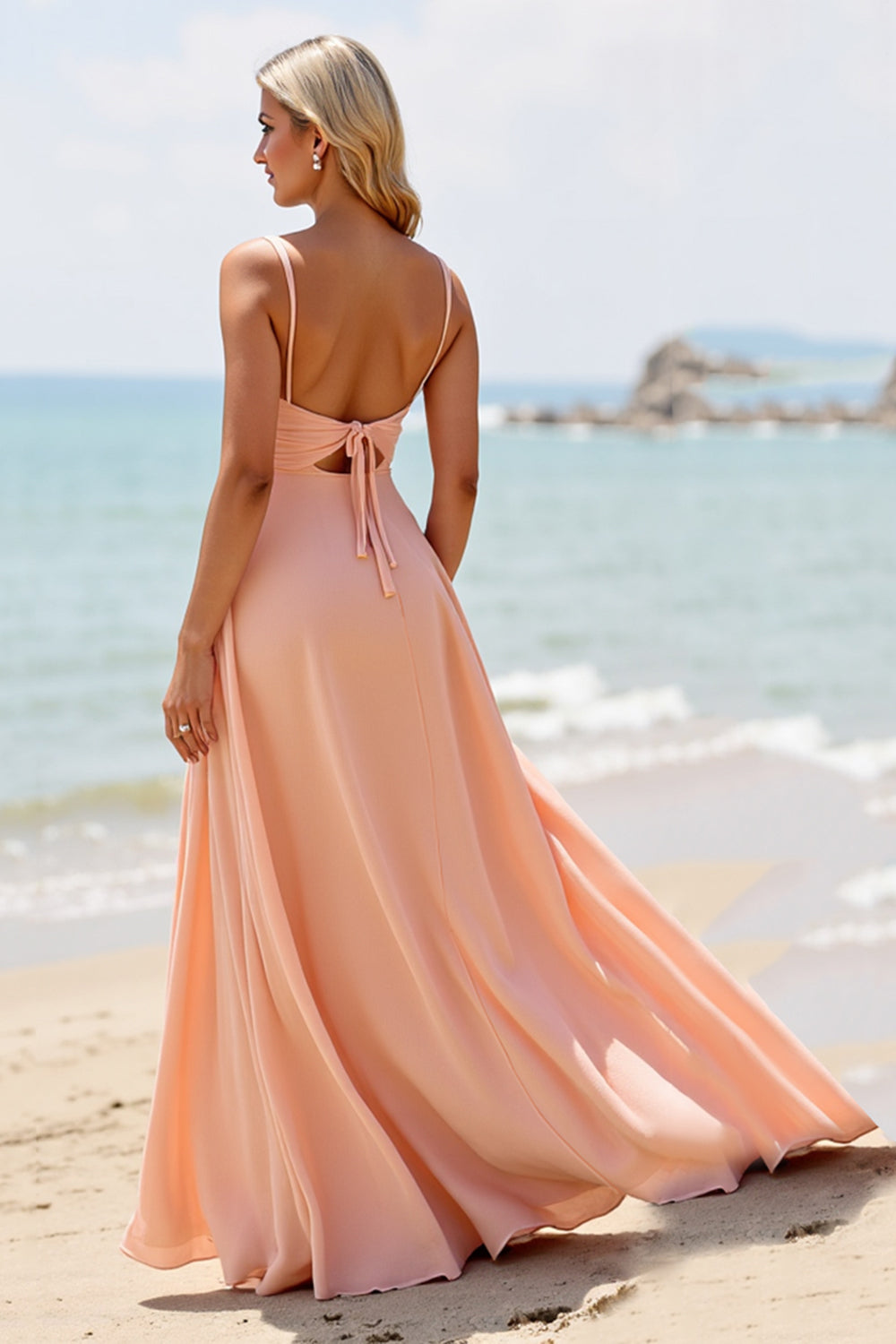 Sunset Chiffon A Line Long Boho Bridesmaid Dress with Slit
