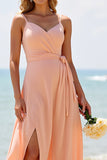 Sunset Chiffon A Line Long Boho Bridesmaid Dress with Slit