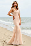 Apricot Satin Mermaid Long Boho Bridesmaid Dress
