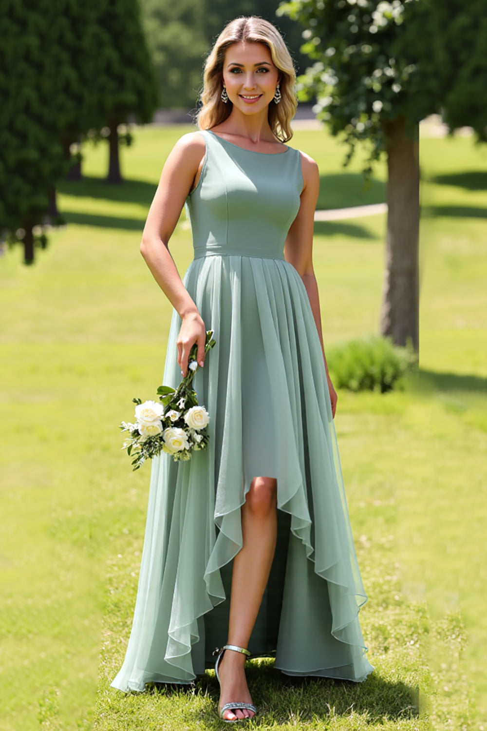 Sage Green Chiffon A Line Ruffled High-Low Bridesmaid Dress