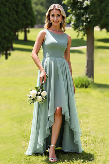 Sage Green Chiffon A Line Ruffled High-Low Bridesmaid Dress