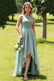 Sage Green Chiffon A Line Ruffled High-Low Bridesmaid Dress