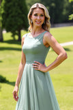 Sage Green Chiffon A Line Ruffled High-Low Bridesmaid Dress