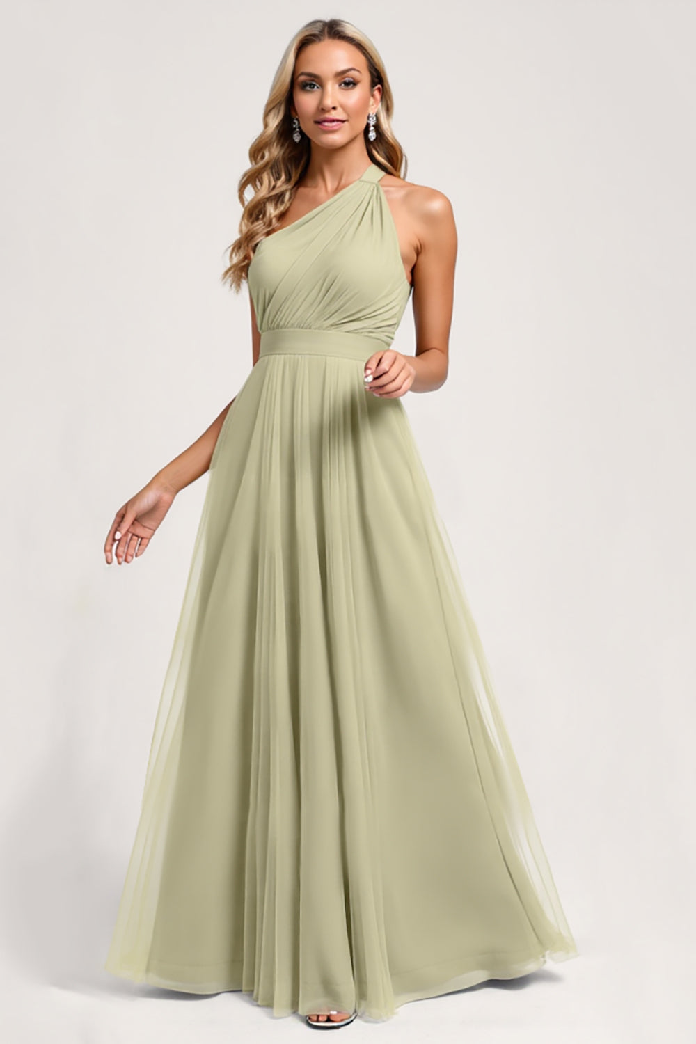 Dusty Sage One Shoulder A Line Tulle Long Bridesmaid Dress
