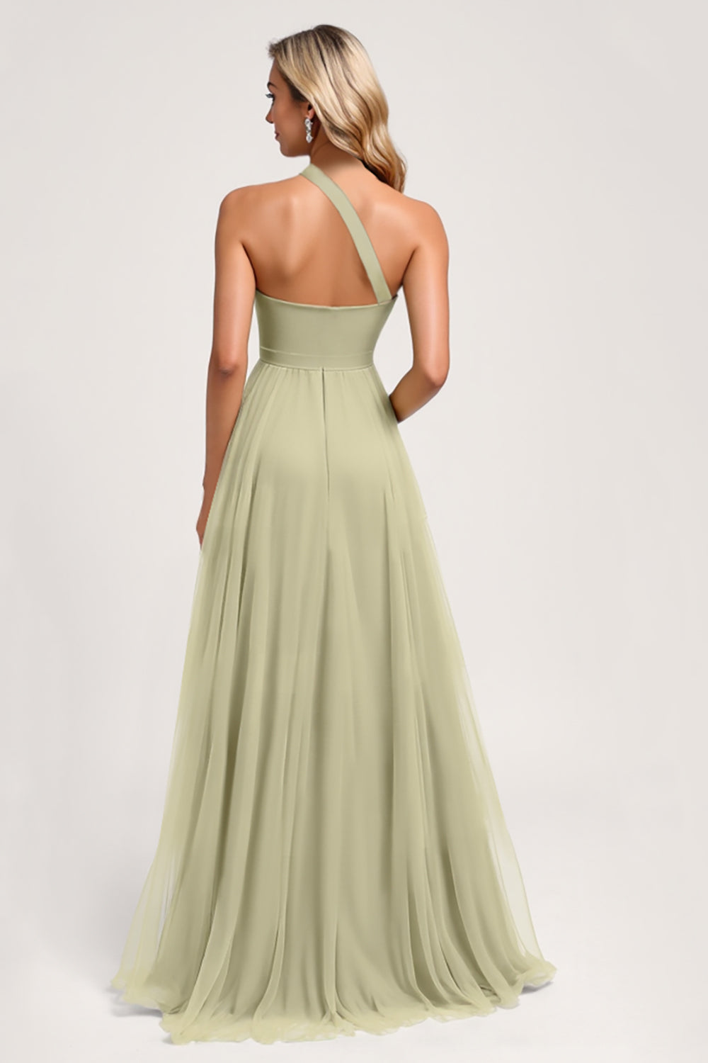Dusty Sage One Shoulder A Line Tulle Long Bridesmaid Dress