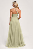 Dusty Sage One Shoulder A Line Tulle Long Bridesmaid Dress