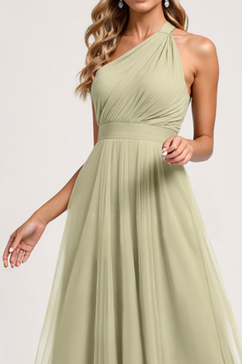Dusty Sage One Shoulder A Line Tulle Long Bridesmaid Dress