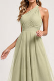 Dusty Sage One Shoulder A Line Tulle Long Bridesmaid Dress