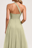 Dusty Sage One Shoulder A Line Tulle Long Bridesmaid Dress