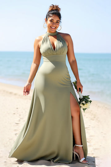 Olive Plus Size Halter Satin Long Boho Bridesmaid Dress with Slit