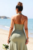 Olive Plus Size Halter Satin Long Boho Bridesmaid Dress with Slit