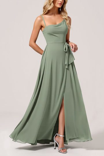 Eucalyptus A Line Long Bridesmaid Dress with Slit
