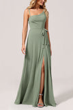Eucalyptus A Line Long Bridesmaid Dress with Slit