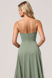 Eucalyptus A Line Long Bridesmaid Dress with Slit