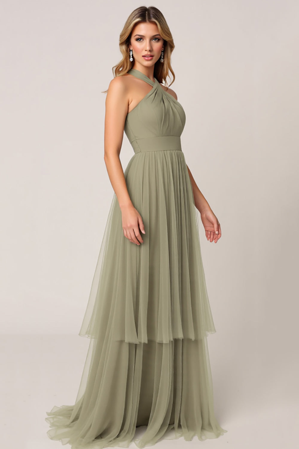 Olive Tulle Tiered Halter A Line Long Bridesmaid Dress