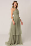Olive Tulle Tiered Halter A Line Long Bridesmaid Dress