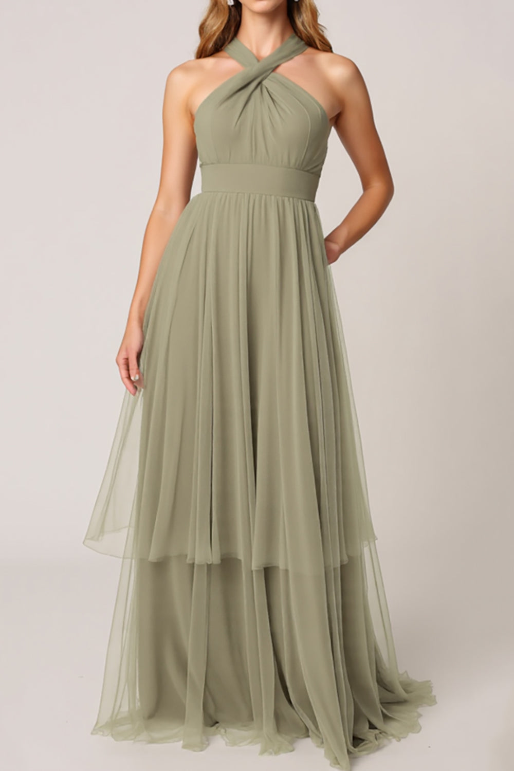 Olive Tulle Tiered Halter A Line Long Bridesmaid Dress