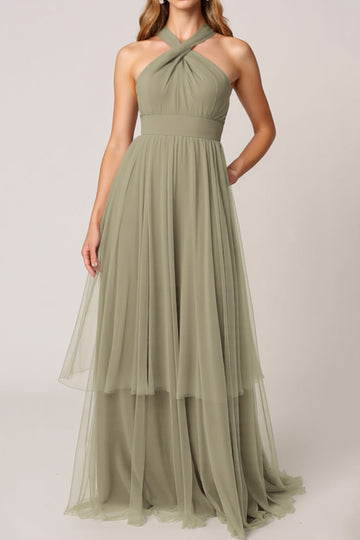 Olive Tulle Tiered Halter A Line Long Bridesmaid Dress