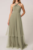 Olive Tulle Tiered Halter A Line Long Bridesmaid Dress