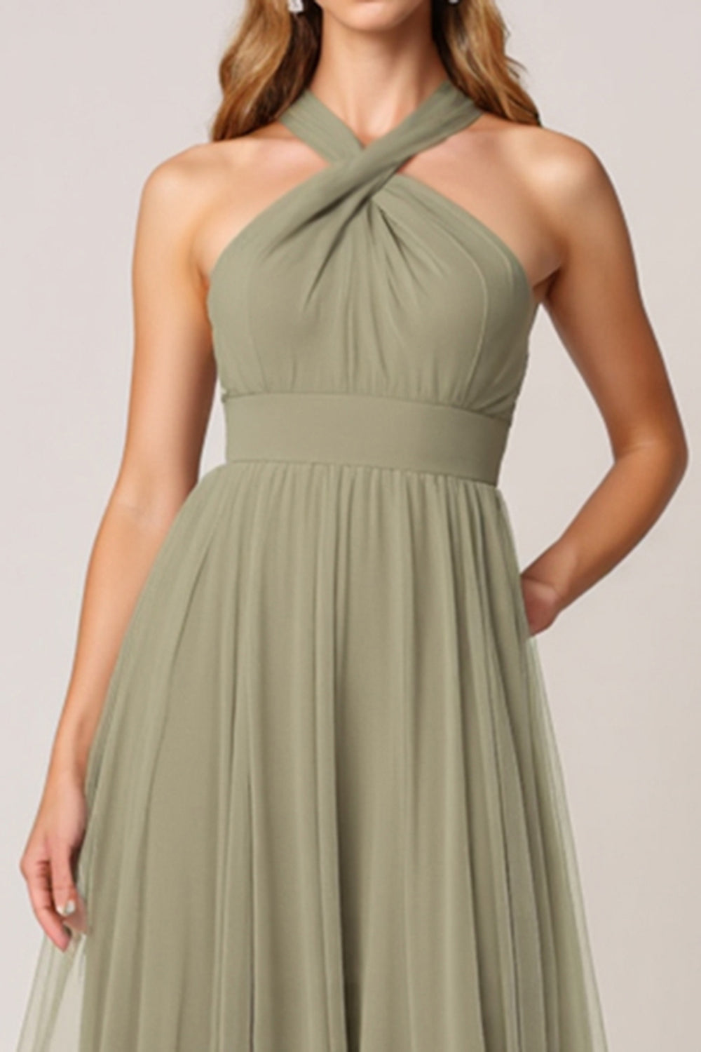 Olive Tulle Tiered Halter A Line Long Bridesmaid Dress