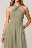 Olive Tulle Tiered Halter A Line Long Bridesmaid Dress