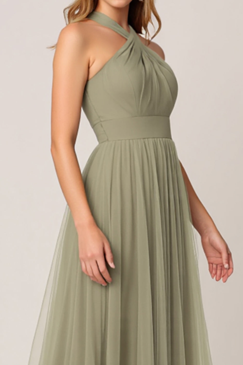 Olive Tulle Tiered Halter A Line Long Bridesmaid Dress