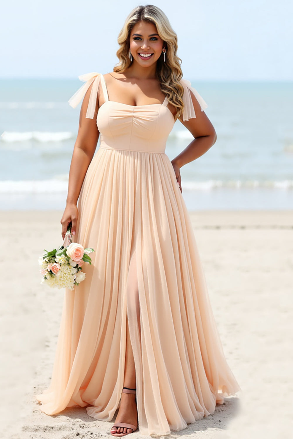 Apricot A Line Pleated Long Boho Bridesmaid Dress with Slit
