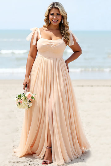 Apricot A Line Pleated Long Boho Bridesmaid Dress with Slit